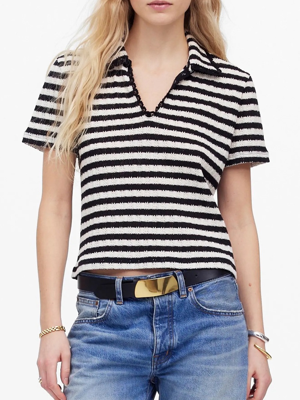 Madewell Short Sleeve Black White Stripe Knit Crochet Polo Size XL
